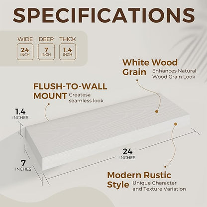 24 inch Floating Shelves Long Floating Shelves for Wall Large Wall Mounted Shelves with Invisible Brackets, White Shelves for Bathroom, Living Room, Kitchen, Office, 24x6.7 inch deep Set of 2