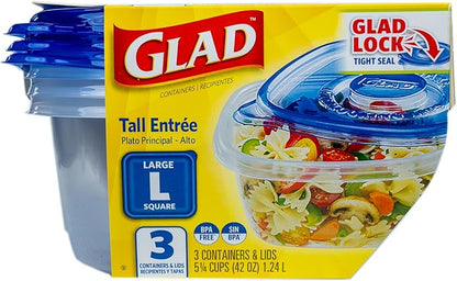 Glad GladWare Tall Entree Food Storage Containers with Lids, Large Square BPA Free Plastic for Meal Prep and Lunches, Lock Tight Seal, Microwave and Dishwasher Safe, 42 Oz, 3 Count - 6 Pack