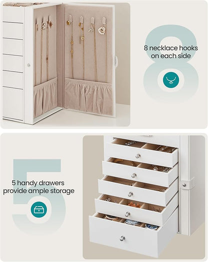 SONGMICS 6 Tier Jewelry Box, Jewelry Storage Organizer with 5 Drawers, Large Storage Capacity, with Mirror, Lockable, Jewelry Case, Gift for Loved Ones, For Watches, White UJBC152W01