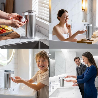 Automatic Foaming Soap Dispenser Touchless, Stainless Steel Hand Soap Dispenser, USB Rechargeable, 4 Adjustable Levels, 11.8oz/350ml for Kitchen and Bathroom (Stainless Steel White, Foam)