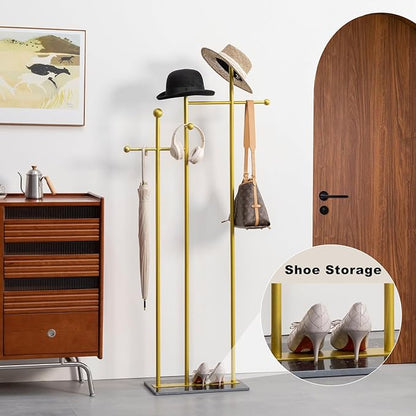Standing Coat Rack with Marble Base Heavy Duty Clothes Hanger Rack Metal Coat Tree for Clothes Hats Scarfs Purses 19.69 x 11.02 x 68.9 Inches (Gold)
