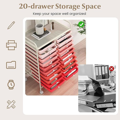 GOFLAME 20-Drawer Rolling Storage Cart, Multifunctional Art Craft Organizer, Mobile Utility Storage with Removable Drawers & Lockable Wheels, Craft Cart for Home Office School, Pink Gradient