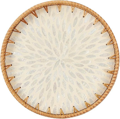 Kmelep Round Rattan Tray with Mother of Pearl Inlay, Rattan Serving Tray with Wooden Base, Decorative Wicker Basket for Table Decor, Storage and Display of Coffee Bread Food Fruit (Leaf 2)