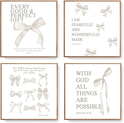 LARTSFRO Coquette Beige Bow Wall Art Decor Posters, Beige Bow Christian Room Bedroom Bathroom Dorm Wall Art Decor Aesthetic for College Teen Girls Gifts, Inspirational Bible Verses Bow Wall Decor, 10x10 Inch Set of 4 Pcs Bow Pictures (UNFRAMED)