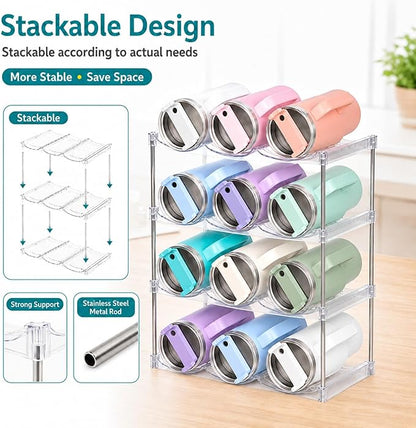 Stackable Water Bottle Organizer for Stanley 40 oz Tumbler, Large Compartment Water Bottle Holder for Cabinet, Clear Tumbler Organizer for Kitchen Countertop Pantry, 3 Pack