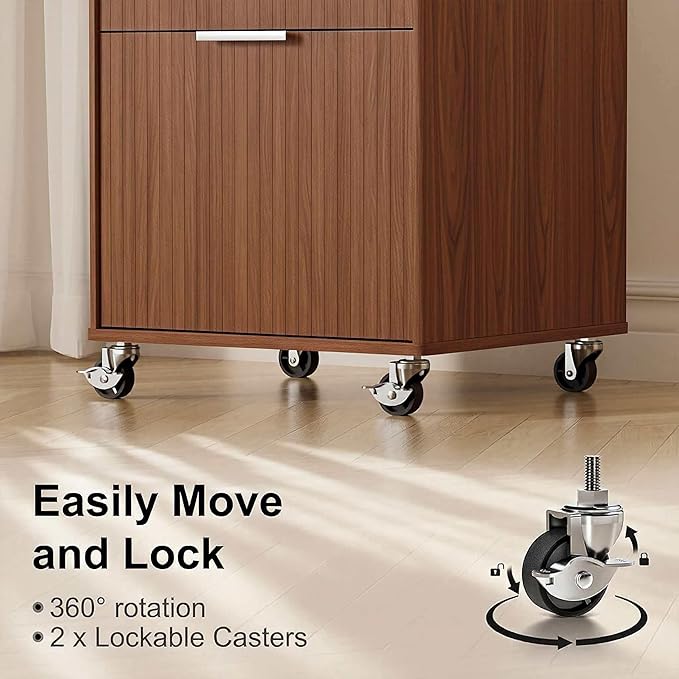 3 Drawers Fluted Mobile File Cabinet with Lock, Rolling File Cabinet Printer Stand Table, Under Desk Wooden Filing Cabinets for Home Office Essentials Storage Organization Furniture Letters/A4(Walnut)