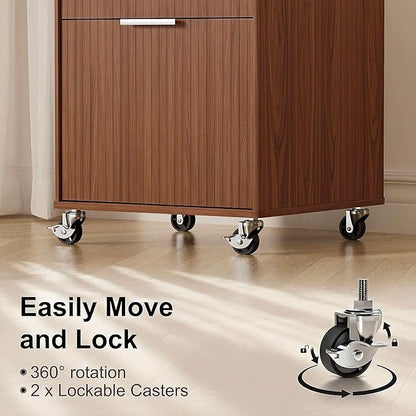 3 Drawers Fluted Mobile File Cabinet with Lock, Rolling File Cabinet Printer Stand Table, Under Desk Wooden Filing Cabinets for Home Office Essentials Storage Organization Furniture Letters/A4(Walnut)