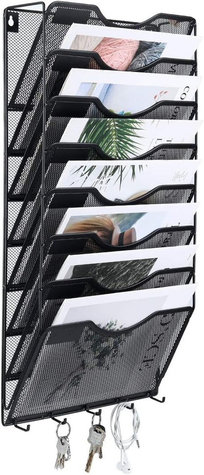 EasyPAG 8 Pocket Mesh Wall File Organizer with Key Hooks, Hanging Paper Folder Holder with Classify Label, Vertical Wall Mount Mail Organizer for Office Home Classroom, Black
