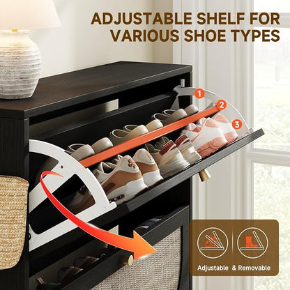 Nicetree Shoe Storage Cabinet for Entryway, Rattan Vintage Flip Shoe Rack- 2 Flip Drawers & 3-Tier Adjustable Shelves,Boho Shoe Organizer for 16-24 Pairs - Fits Size 13.5 Boots, 9.5" Ultra Slim Black