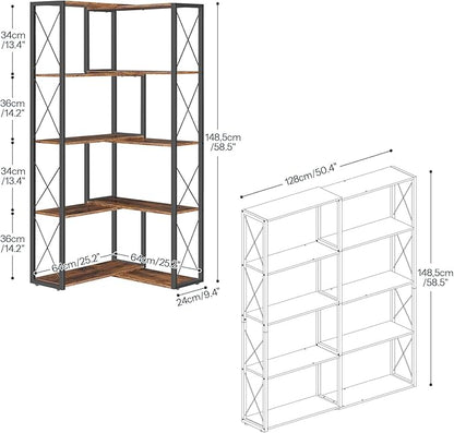 HOOBRO Corner Bookshelf, 5-Tier Industrial Corner Bookcase, Open Display Storage Rack, Vertical or L-Shaped, for Office, Living Room, Bedroom, Rustic Brown and Black BF66SJ01
