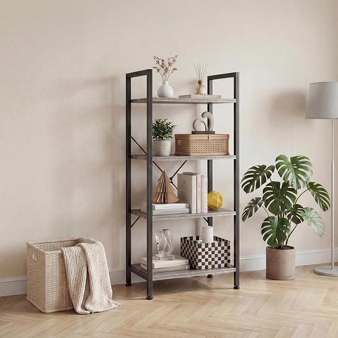 DUMOS 4 Tiers Open Bookshelf, Classic Freestanding Tall Display Shelf, Multifunctional Storage Organizer Rack for Living Room Home Office, Sturdy Bookcase for Books/Movies, Wood Grey
