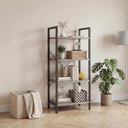 DUMOS 4 Tiers Open Bookshelf, Classic Freestanding Tall Display Shelf, Multifunctional Storage Organizer Rack for Living Room Home Office, Sturdy Bookcase for Books/Movies, Wood Grey