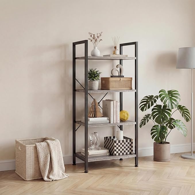 DUMOS 4 Tiers Open Bookshelf, Classic Freestanding Tall Display Shelf, Multifunctional Storage Organizer Rack for Living Room Home Office, Sturdy Bookcase for CDs/Books/Movies, Wood Grey