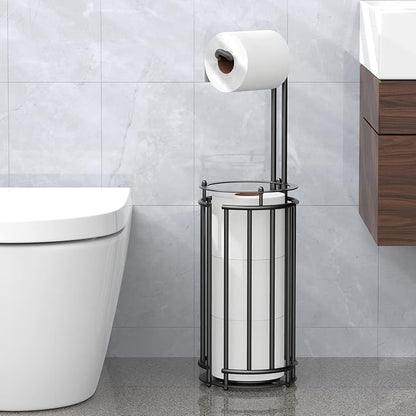 Meangood Toilet Paper Holder Stand and Tissue Paper Roll Dispenser for 4 Mega Rolls, Bathroom Free Standing Tissue Roll Storage Holder Rack, Detachable (Matte Black)