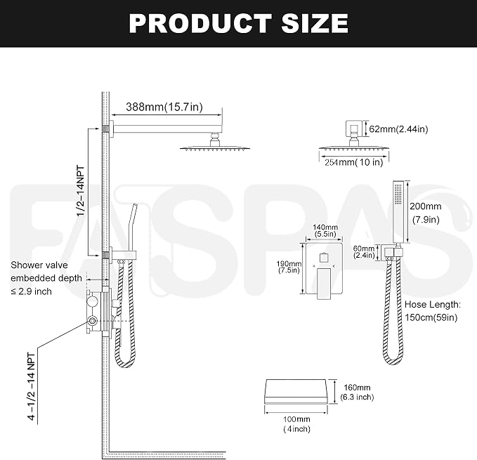 Brushed Nickel Shower System with 10-Inch Rain Showerhead and Tub Spout | cUPC-certified pressure balance brass valve to prevent scalding, CEC-certified air injection technology for low pressure