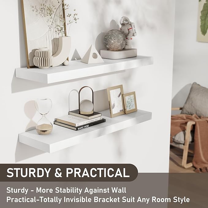 Fun Memories Floating Shelves for Wall, 32W x 8D Floating Wall Shelves with Invisible Brackets Set of 2, Hanging Rustic Wood Shelf Decoration for Bedroom, Bathroom, Living Room and Kitchen, White