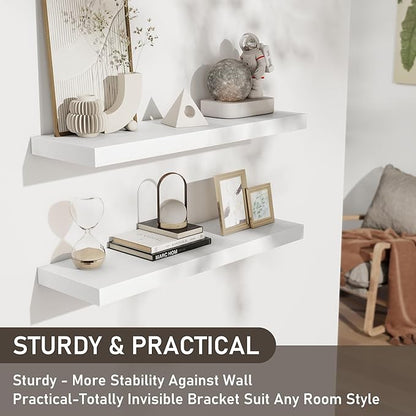Fun Memories Floating Shelves for Wall, 32W x 8D Floating Wall Shelves with Invisible Brackets Set of 2, Hanging Rustic Wood Shelf Decoration for Bedroom, Bathroom, Living Room and Kitchen, White