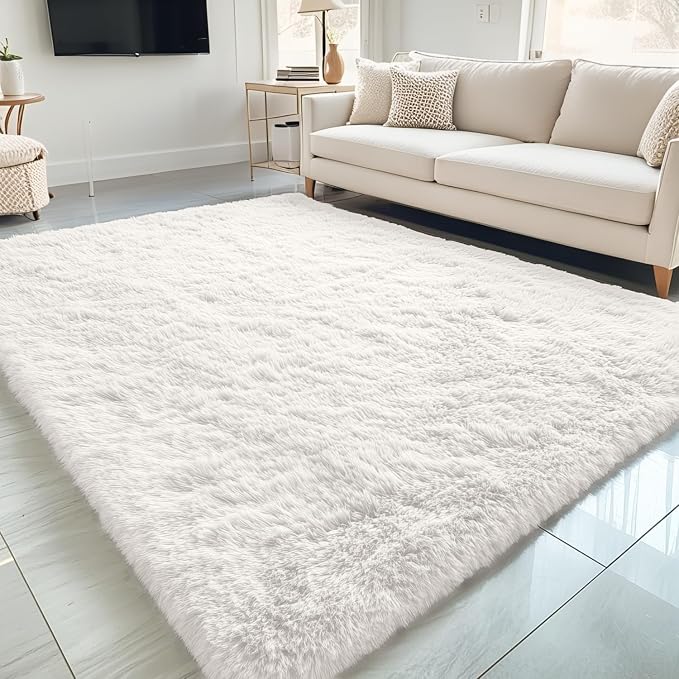 OLANLY 5x10 Machine Washable Large Area Rugs for Living Room, Bedroom, Soft Fluffy Shaggy Bedside Rug, Indoor Floor Carpet for Kids Girls and Boys, Dorms, Nursery, Home Decor Aesthetic, Ivory