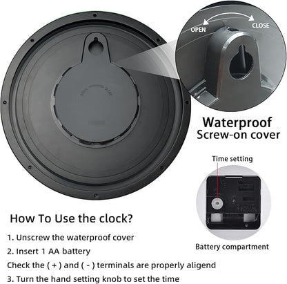 Caysie 12 Inch Sealed Indoor Outdoor Waterproof Wall Clock, Durable Silent Non-Ticking Battery Operated Quality Quartz Round Clock, Wall Decorative for Patio, Pool, Bathroom (Black)