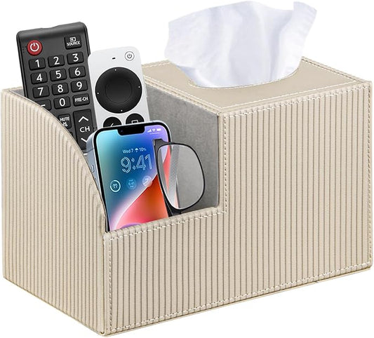 PU Leather Square Tissue Box Cover - Multi-Functional Tissue Box Holder, Tissue Box Cover with Storage,Tissue and Remote Control Holder, Cube Tissue Box Organizer Bedroom Nightstand End Table