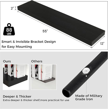 Floating Shelves for Wall, 55 Inch Wide x 12 Inch Deep Floating Shelves, Long Wood Floating Wall Shelf Shelves for Living Room Bathroom Bedroom Kitchen Home - (Black, 55" W x 12" D x 2" H)