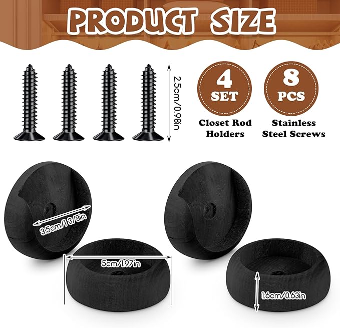 Yookeer 4 Pack Wooden Closet Pole Sockets 1-3/8" Closet Rod Holders Pole Holders for Wardrobe Hallway Bathroom Curtain Clothing Store(Black)