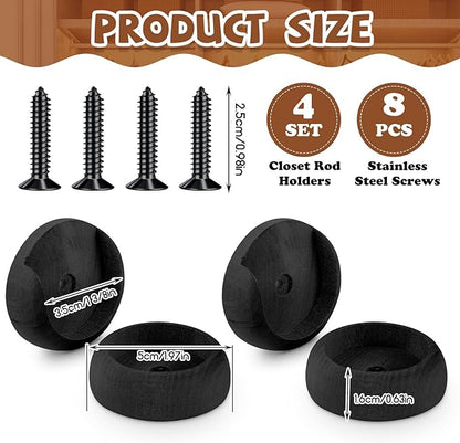 Yookeer 4 Pack Wooden Closet Pole Sockets 1-3/8" Closet Rod Holders Pole Holders for Wardrobe Hallway Bathroom Curtain Clothing Store(Black)