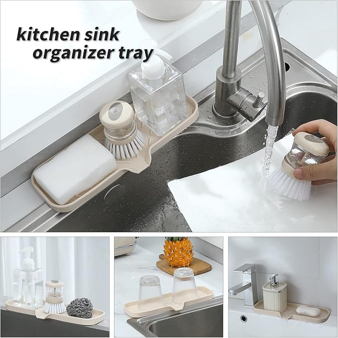 MicoYang Silicone Soap Dish with Drain Spout — Self-Draining Double Sink Organizer Tray for Kitchen & Bathroom, Dispensers, Sponges & Soap Holder, Non-Slip & Dishwasher Safe, Tapioca (Large, 12"×4")