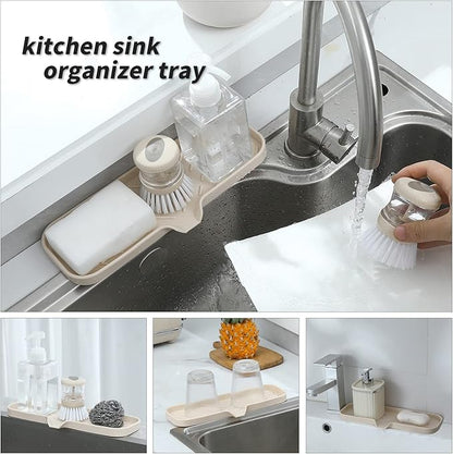 MicoYang Silicone Soap Dish with Drain Spout — Self-Draining Double Sink Organizer Tray for Kitchen & Bathroom, Dispensers, Sponges & Soap Holder, Non-Slip & Dishwasher Safe, Tapioca (Large, 12"×4")