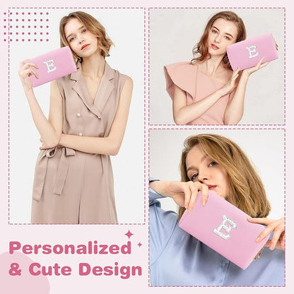 ChaoGreat Bride Gifts – Personalized Initial Makeup Bag with Pearl Rhinestone Patch, Preppy Pink Monogram Cosmetic/Toiletry Pouch, bridesmaid Gifts, Bridal Shower Gifts, Wedding Gifts, Bridal Gifts,E