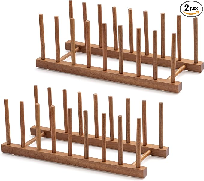 HBlife 2pcs Acacia Wooden Dish Dying Rack Pot Lid Plate Organizer Holder for Cabinet, Cutting Board Stand Drainer Storage Plate Rack for Dish, Pot Lid, Bowl, Cup, Cutting Board and Books