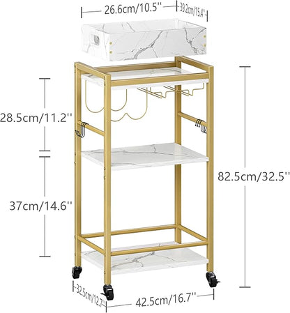 3-Tier Gold Bar Cart with Removable Tray, Small Bar Carts with Wheels, Rolling Beverage Cart, Drink Cart, Gold Wine Cart with Wine Rack for Kitchen, Living Room GBC513G