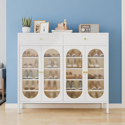 Large Shoe Storage Cabinet with 2 Drawers,7-Tier Shoe Cabinet with Adjustable Shelves and Metal Legs，46.1'' H Steel Shoes Rack Organizer Cabinet for Entryway, Hallway, Living Room
