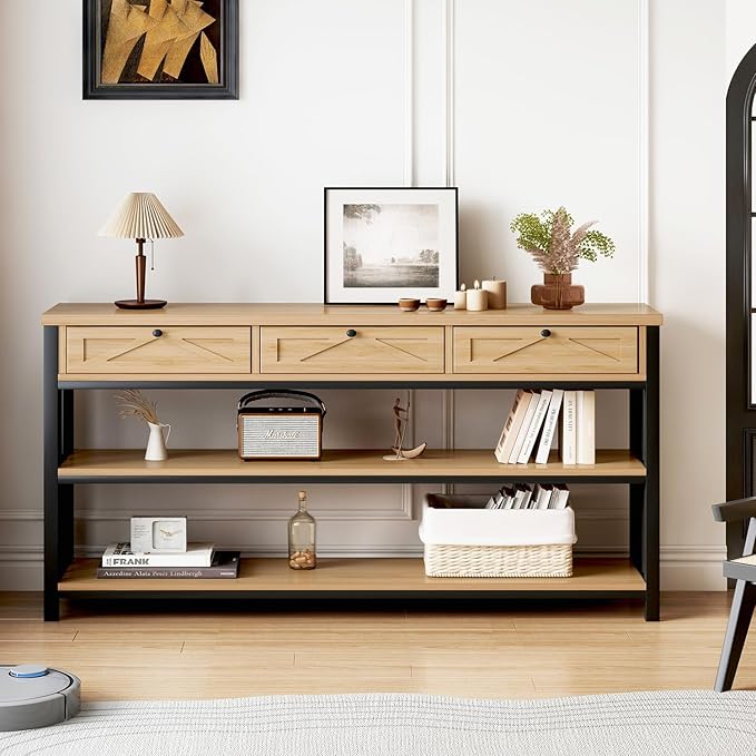 HSH Sofa Table with Storage, 55” Wood Entryway Table with 3 Drawers, 3 Tier Console Table Behind Couch for Living Room, Farmhouse Wooden and Metal Entry Hallway Table for Entrance, Oak, 55 in