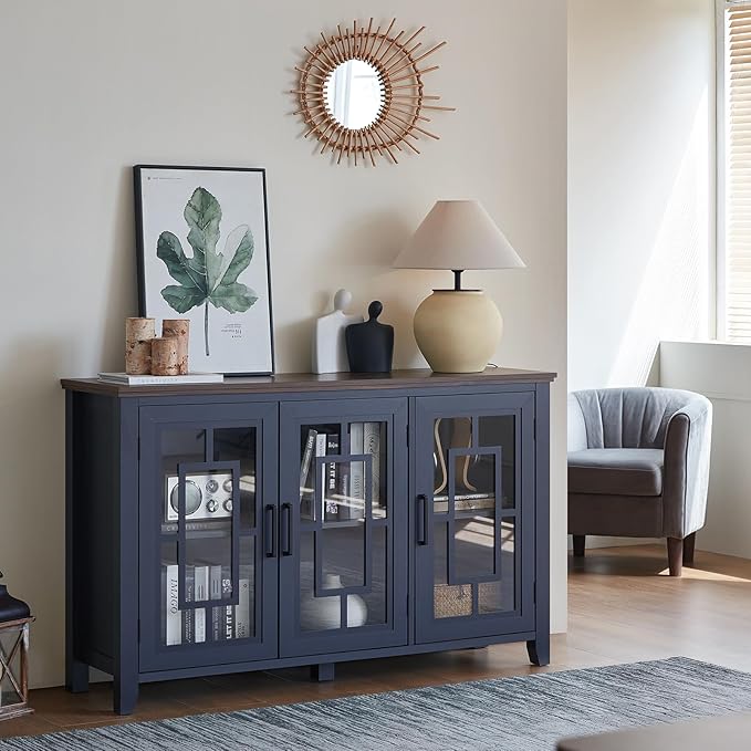 Large Sideboard Buffet Cabinet with Storage, 55" Farmhouse Kitchen Coffee Wine Bar Cabinet with 3 Glass Doors, Wood Mid Century Modern Side Board Table for Dining Room, Living Room,Navy Blue