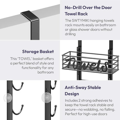 SWTYMIKI Hanging Towel Racks for Bathroom - 9 Tier Over the Door & Wall Mounted Bath Rolled Towel Storage Organizer Holder for Small Bathroom, RV, Camper, Black (Patented)