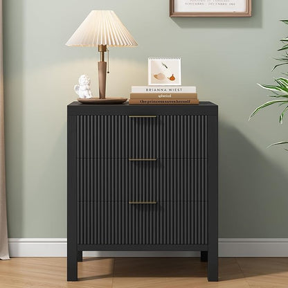 Nightstand with 3 Drawers, Dresser and Nightstand Sets, Bedside Tables, Mid Century Nightstands with 3 Wide Drawers for Bedroom, Kids’ Room, Hallway - Black