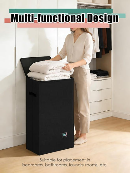 WTREE Laundry Hamper with Lid, Reinforced Sturdy Clothes Hamper with Anti-Puncture Base, Large Collapsible Laundry Basket with Removable Liner Bag, Tall Dirty Clothes Bin for Family, 100L Black