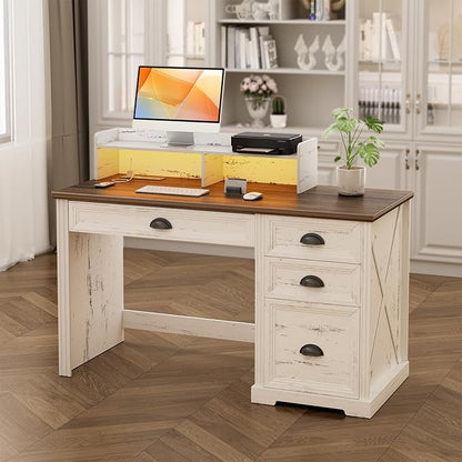 FREDEES Farmhouse Computer Desk with Monitor Stand, 47 in Home Office Desk with LED & Power Outlets, Executive Desk with Drawers for Working Gaming, Writing Table for Bedroom, Antique White