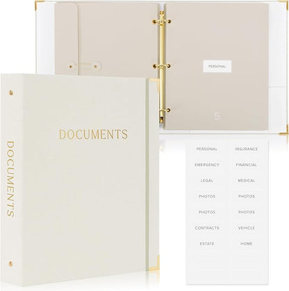 Important Document Organizer Set with Folders - Complete Linen Ring Binder Set Safely Stores All Documents & Files in One Place - Easy to Use Expanding Storage Incl. Envelopes, Pockets & Labels