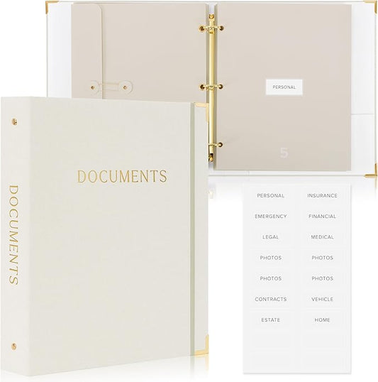 Important Document Organizer Set with Folders - Complete Linen Ring Binder Set Safely Stores All Documents & Files in One Place - Easy to Use Expanding Storage Incl. Envelopes, Pockets & Labels