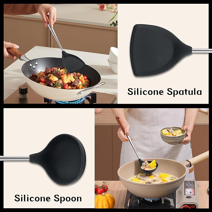 FJNATINH Silicone Spatula & Turner Set Slotted Spatulas,BPA Free Non Stick Heat-Resistant Cooking Utensils Kitchen Cookware with Wooden Handle (Walnut Handle-Spatulas 2PCS)