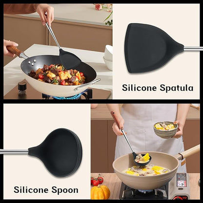 FJNATINH Silicone Spatula Ladle Set - BPA Free Stainless Steel Non Stick Heat-Resistant Kitchen Tools Cooking Utensils Cookware with Wooden Handle, 2 Pcs