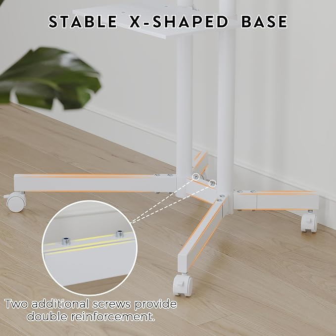 BONTEC Rolling TV Stand with Tilt, Mobile TV Cart for 32–85 Inch LED LCD Flat Curved TVs, Portable Stand with Laptop Shelf, Locking Wheels, Outdoor TV Stand Holds 132 lbs, Max VESA 600x400mm, White