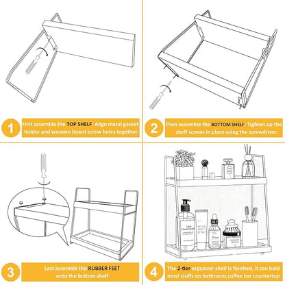 Countertop Coffee Station Organizer, 2 Tier Large Coffee Bar Organizer for Accessories Storage, Stable Metal Wooden Shelf Syrups Holder Condiments Rack
