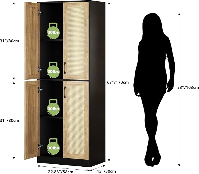 JASIWAY Kitchen Pantry Cabinet, 67" Tall Rattan Storage Cabinet with Doors and Adjustable Shelves, Wooden Linen Pantry Cupboard for Small Spaces Laundry Room Bathroom, Food Snack Towels Storage, Black