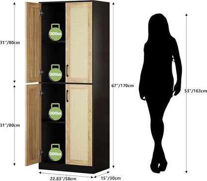 JASIWAY Kitchen Pantry Cabinet, 67" Tall Rattan Storage Cabinet with Doors and Adjustable Shelves, Wooden Linen Pantry Cupboard for Small Spaces Laundry Room Bathroom, Food Snack Towels Storage, Black