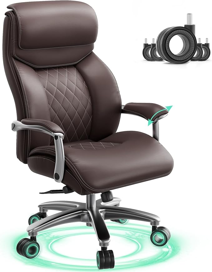 Big and Tall Office Chair with Wide Area Armrest, 600lbs Heavy Duty Desk Chair with Adjustable Lumbar Support, PU Leather High Back Ergonomic Executive Computer Chair with 3'' Silent Casters