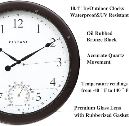 CLXEAST 10.4 Inch Indoor Outdoor Clocks Waterproof,Outdoor Clock with Temperature for Bathroom,Patio, Pool,Kitchen,Oil Rubbed Bronze Black Finish,House Warming Gifts New Home