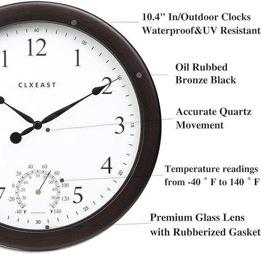 CLXEAST 10.4 Inch Indoor Outdoor Clocks Waterproof,Outdoor Clock with Temperature for Bathroom,Patio, Pool,Kitchen,Oil Rubbed Bronze Black Finish,House Warming Gifts New Home